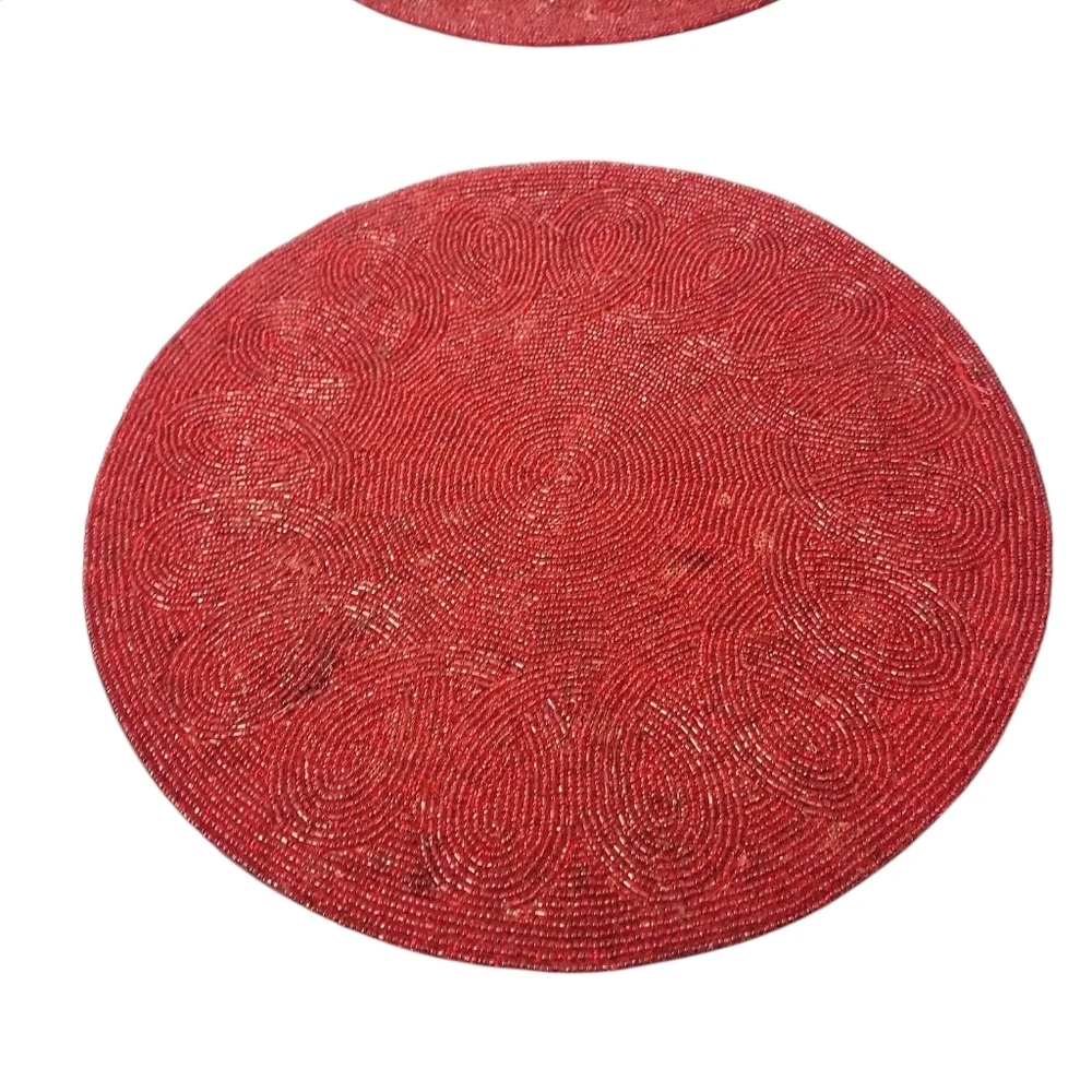 Red Handmade Spiral Beaded Placemat Beaded Table Mat Round Set 4